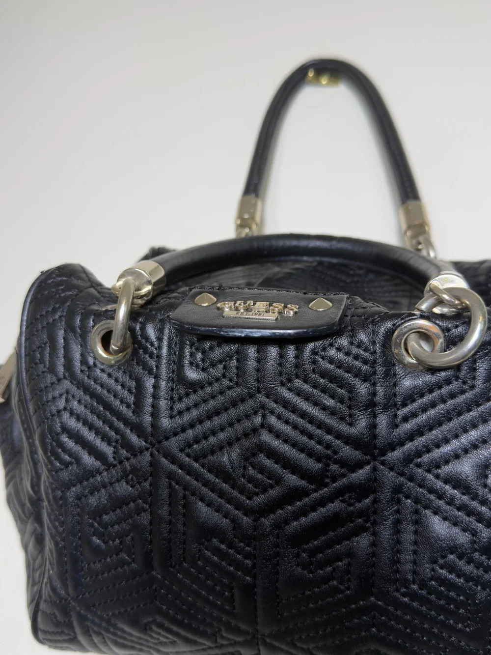 Guess Geometric Quilted Barrel Satchel Bag Black 3D Cube Top Handbag Purse